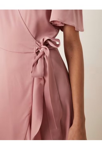 YAS satin wrap midi dress in lilas pink