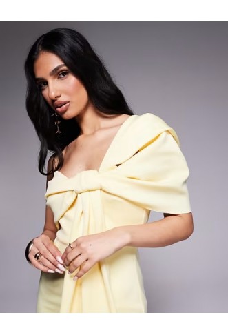ASOS DESIGN off shoulder bow detail midi dress in yellow