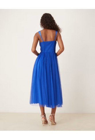 Lace & Beads tulle corset midi dress in cobalt