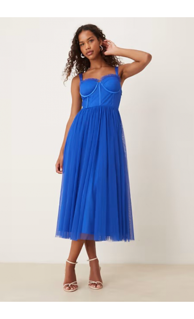 Lace & Beads tulle corset midi dress in cobalt