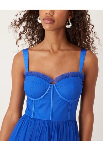 Lace & Beads tulle corset midi dress in cobalt