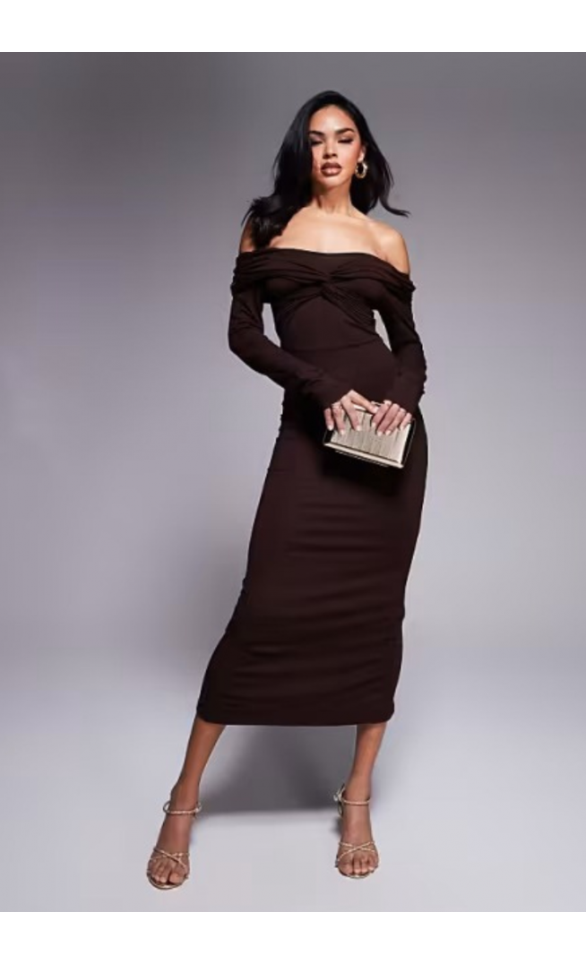 ASOS DESIGN off shoulder twist midi dress with long sleeves
