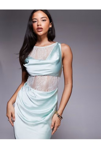 ASOS DESIGN lace and washed satin drape bias midi dress
