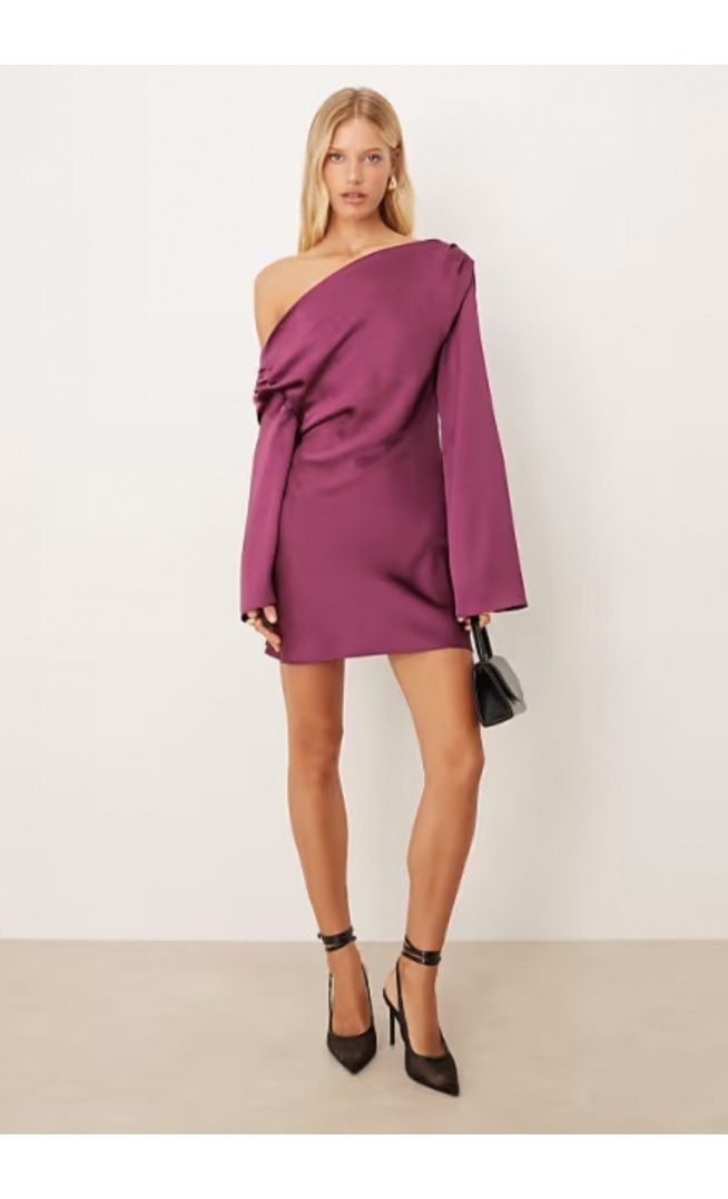ASOS DESIGN satin drape long sleeve off shoulder mini dress