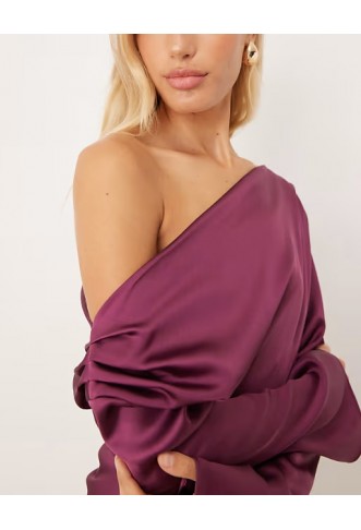 ASOS DESIGN satin drape long sleeve off shoulder mini dress