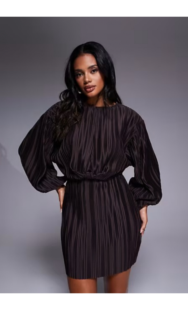 ASOS DESIGN plisse blouson sleeve and waist mini dress