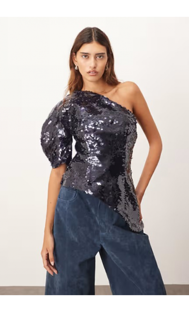 ARRANGE sculptural one shoulder sequin top