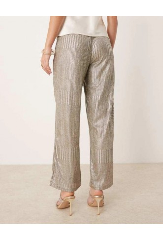 JDY Petite ribbed wide leg trousers in silver