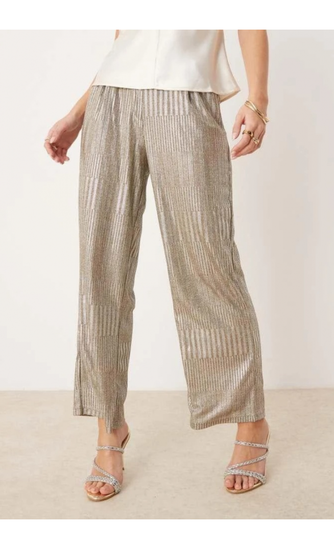 JDY Petite ribbed wide leg trousers in silver