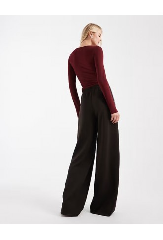 ONLY Tall side stripe wide leg trouser in chocolate