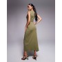 ASOS DESIGN slash neck twist front midi dress in khaki