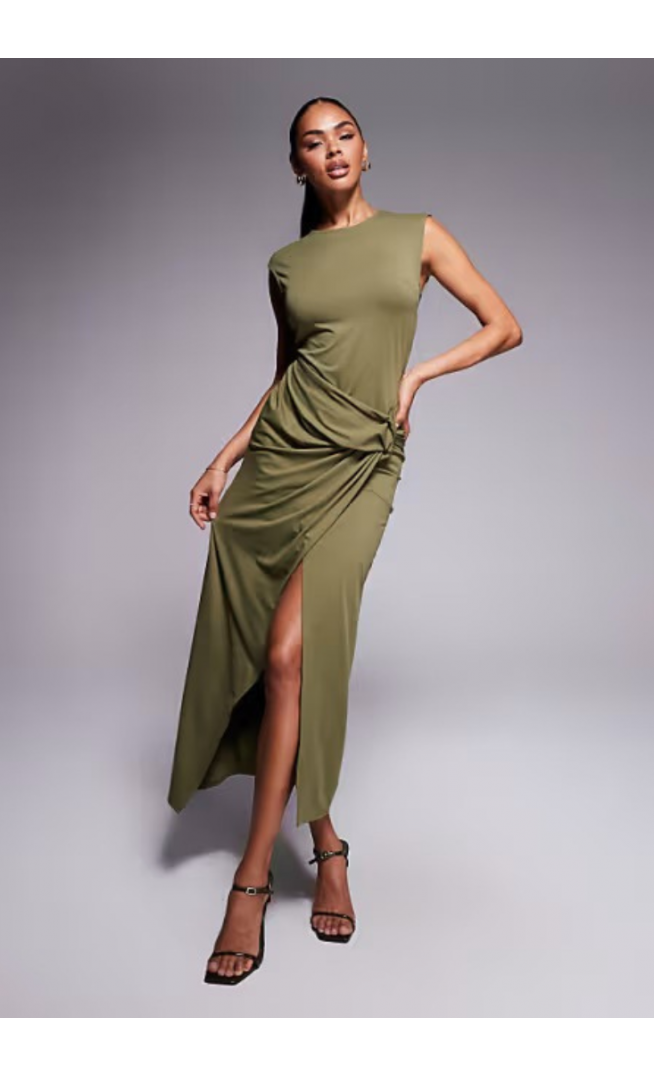 ASOS DESIGN slash neck twist front midi dress in khaki