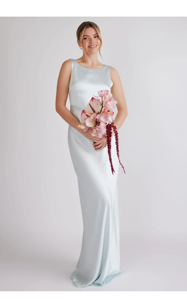 Six Stories cowl back satin bridesmaid dress in ice blue