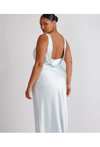 Six Stories cowl back satin bridesmaid dress in ice blue
