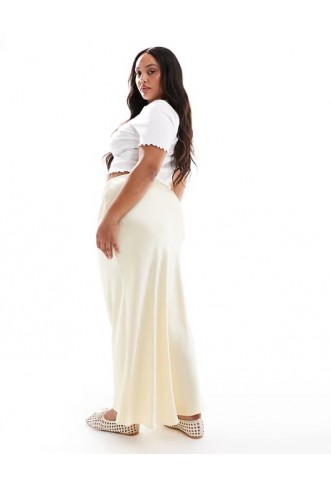 New Look Curve satin bias midi skirt in yellow