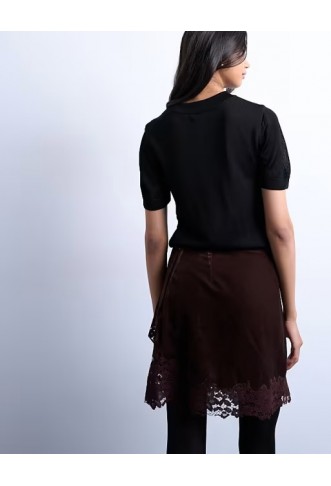 Topshop velvet asymmetric mini skirt with lace trim in chocolate