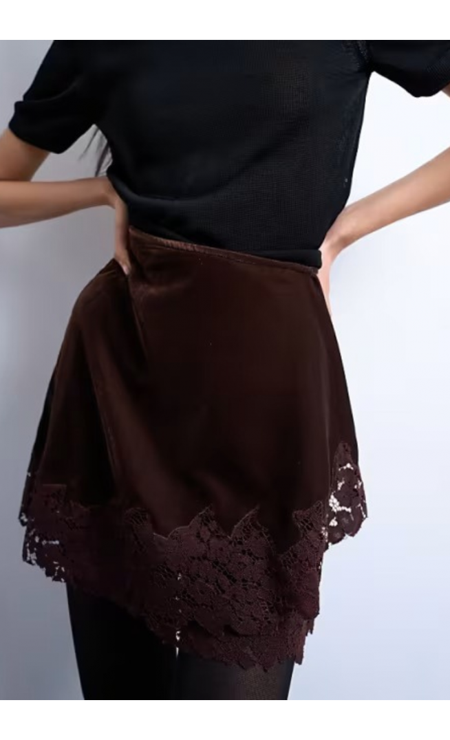 Topshop velvet asymmetric mini skirt with lace trim in chocolate
