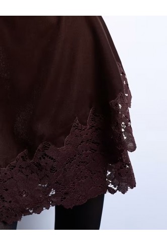 Topshop velvet asymmetric mini skirt with lace trim in chocolate