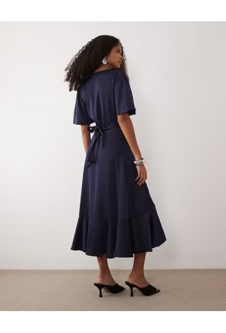 YAS satin midi wrap dress in navy