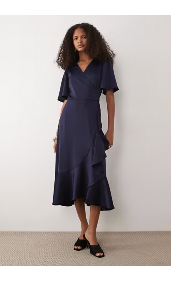 YAS satin midi wrap dress in navy