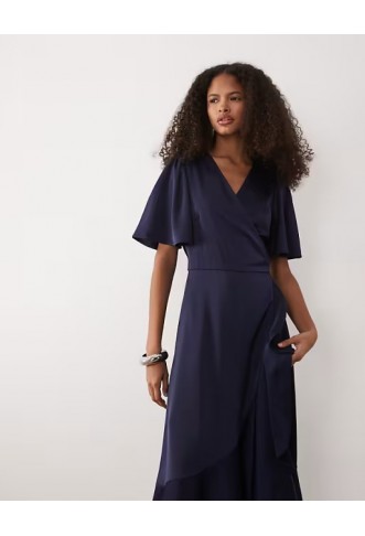 YAS satin midi wrap dress in navy
