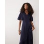 YAS satin midi wrap dress in navy