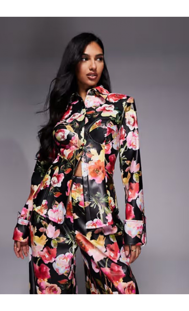 ASOS LUXE co-ord cinched PU shirt in floral print