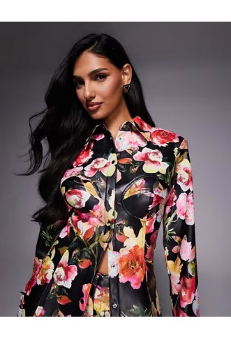 ASOS LUXE co-ord cinched PU shirt in floral print