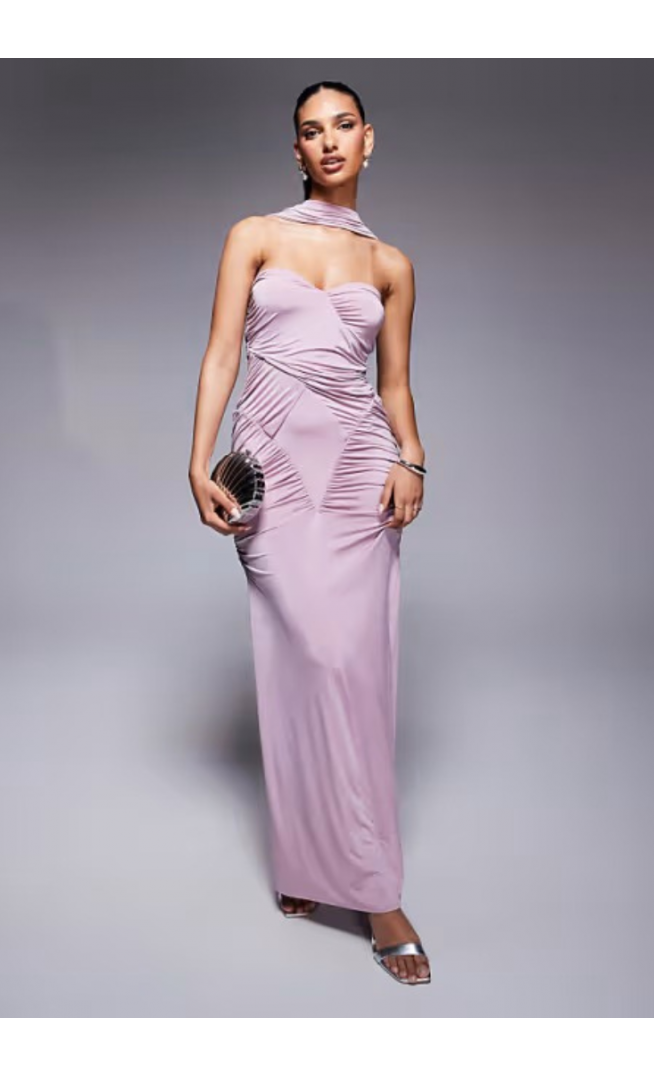 ASOS DESIGN slinky bandeau ruched maxi dress with neck tie