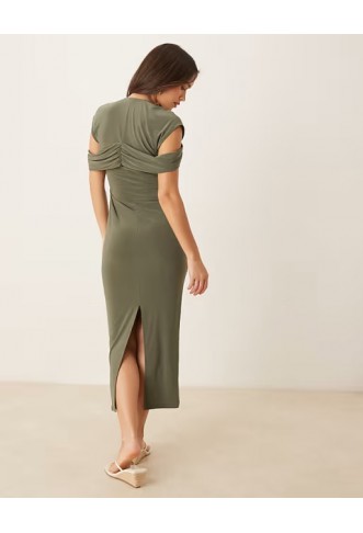 ASOS DESIGN twist shoulder midi dress in khaki