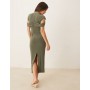 ASOS DESIGN twist shoulder midi dress in khaki