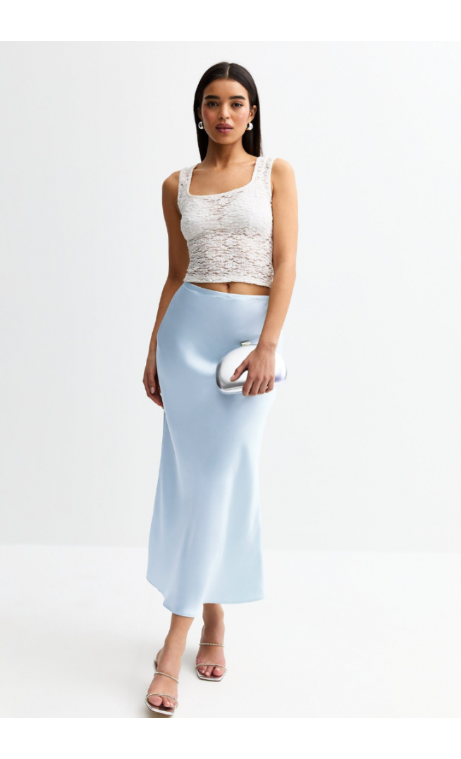New Look satin bias midi skirt in light blue
