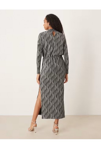 YAS high neck long sleeved glitter maxi dress in silver
