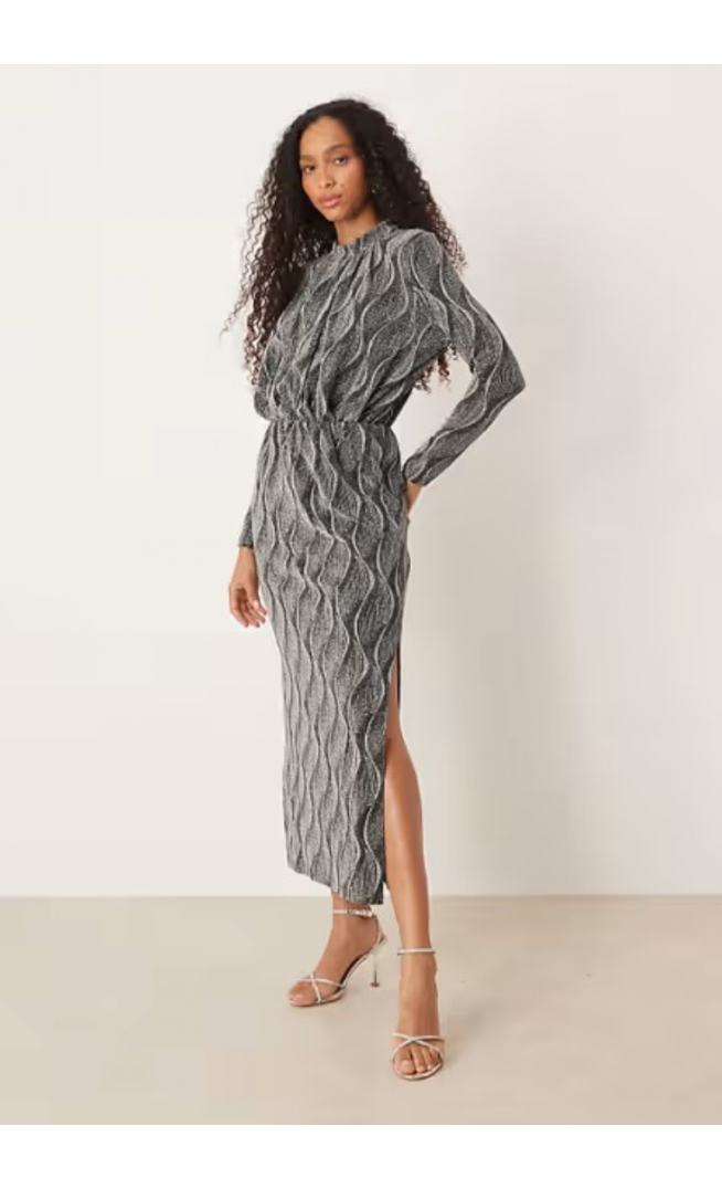 YAS high neck long sleeved glitter maxi dress in silver