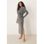 YAS high neck long sleeved glitter maxi dress in silver