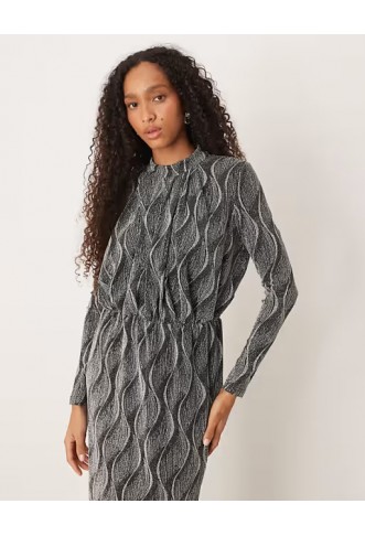 YAS high neck long sleeved glitter maxi dress in silver