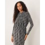 YAS high neck long sleeved glitter maxi dress in silver