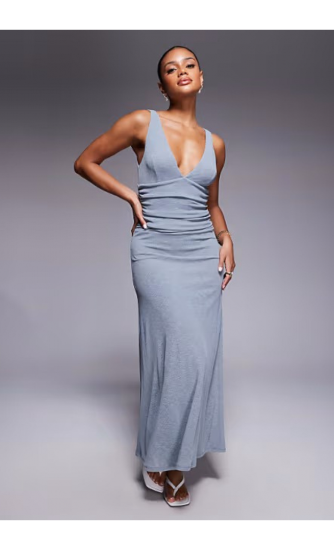 ASOS DESIGN mesh rib plunge ruched waist maxi dress