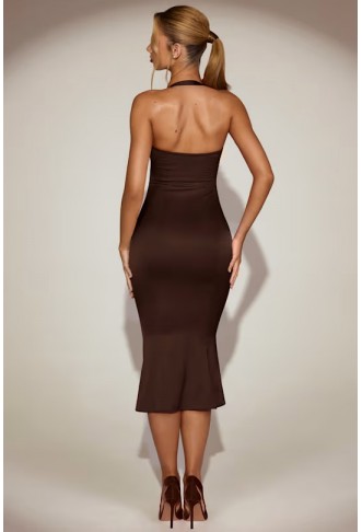 Oh Polly Elyra satin lace trim halter neck fishtail midaxi dress