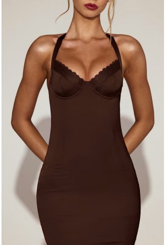Oh Polly Elyra satin lace trim halter neck fishtail midaxi dress