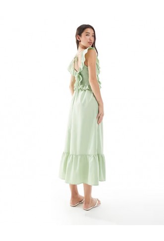 New Look ruffle shirred midi dress in light green