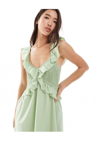New Look ruffle shirred midi dress in light green