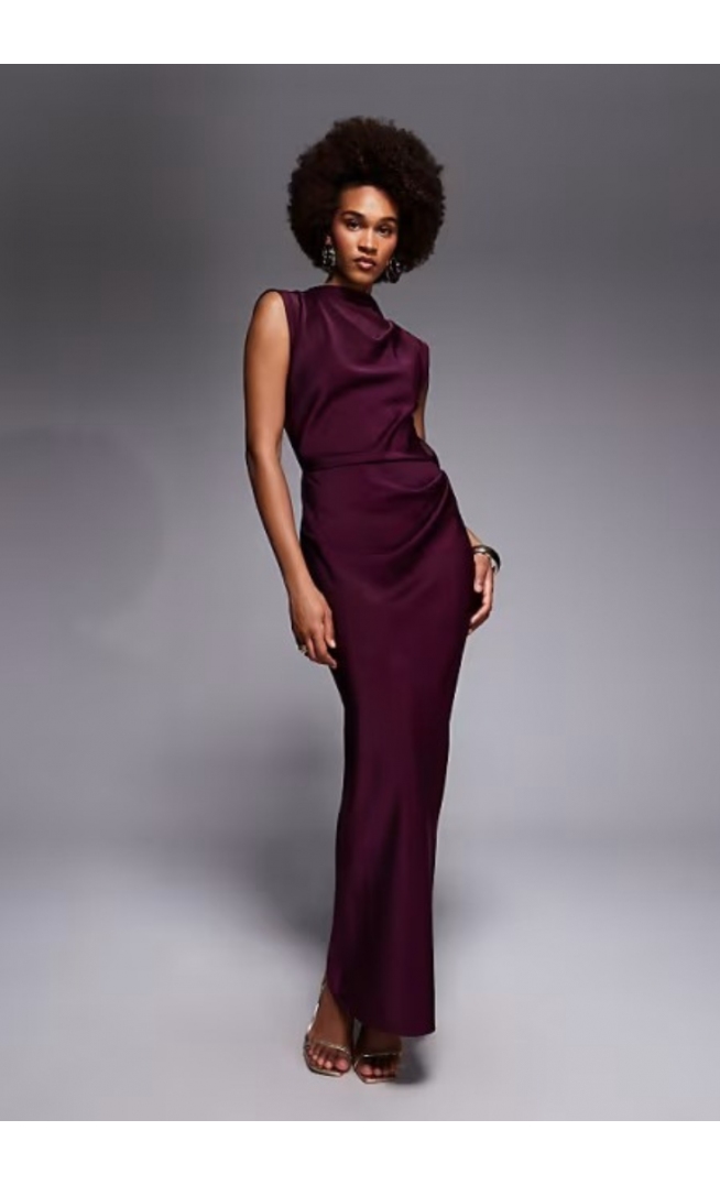ASOS DESIGN Tall satin high neck pleated bodice midi dress
