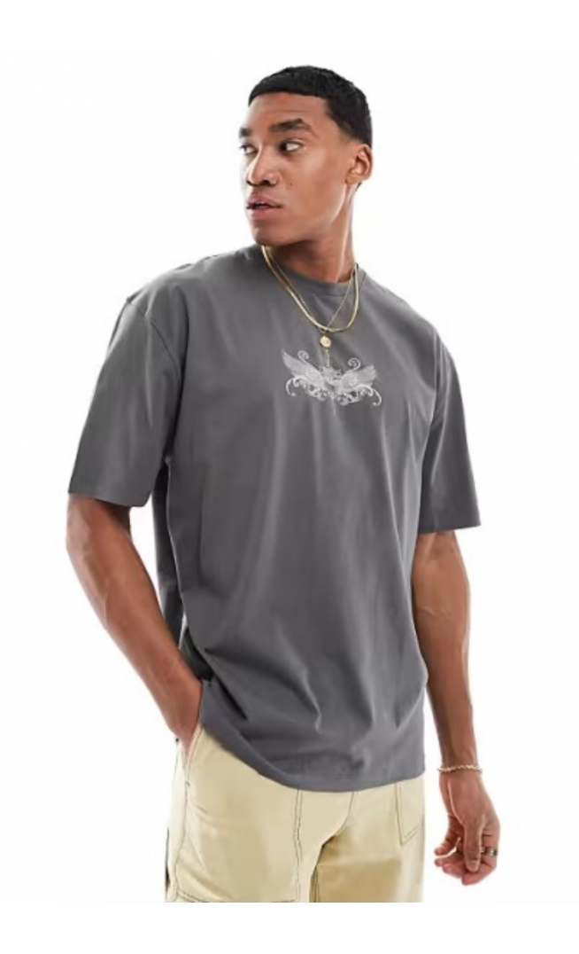 ASOS DESIGN oversized t-shirt in charcoal with grunge chest print