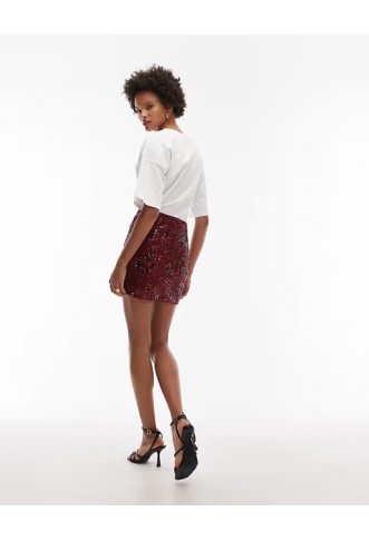 ASOS DESIGN floral allover sequin mini skirt in burgundy