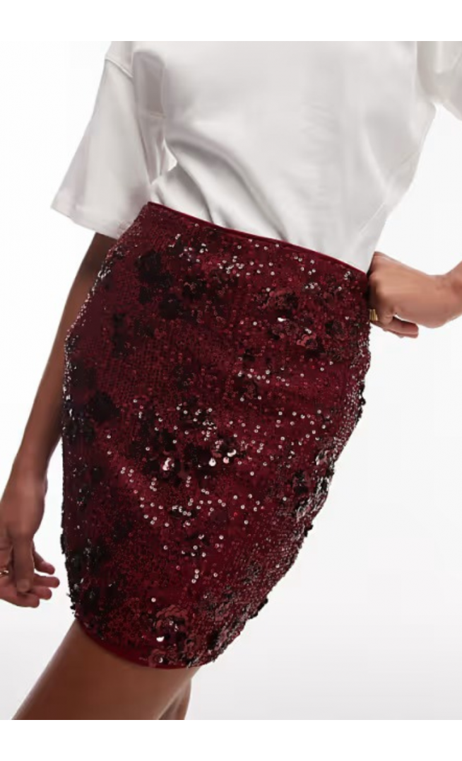 ASOS DESIGN floral allover sequin mini skirt in burgundy