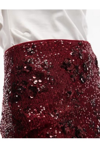 ASOS DESIGN floral allover sequin mini skirt in burgundy