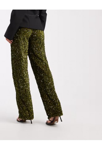 Pieces wide leg velour sequin trousers in olive green