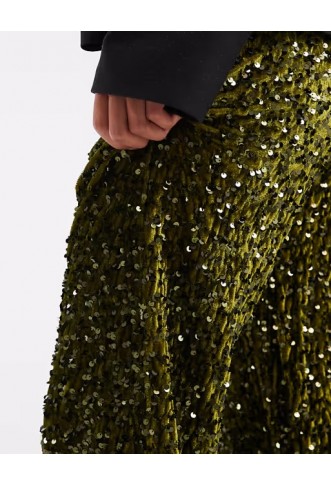 Pieces wide leg velour sequin trousers in olive green