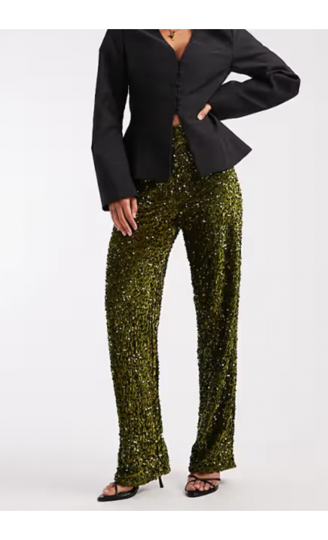 Pieces wide leg velour sequin trousers in olive green